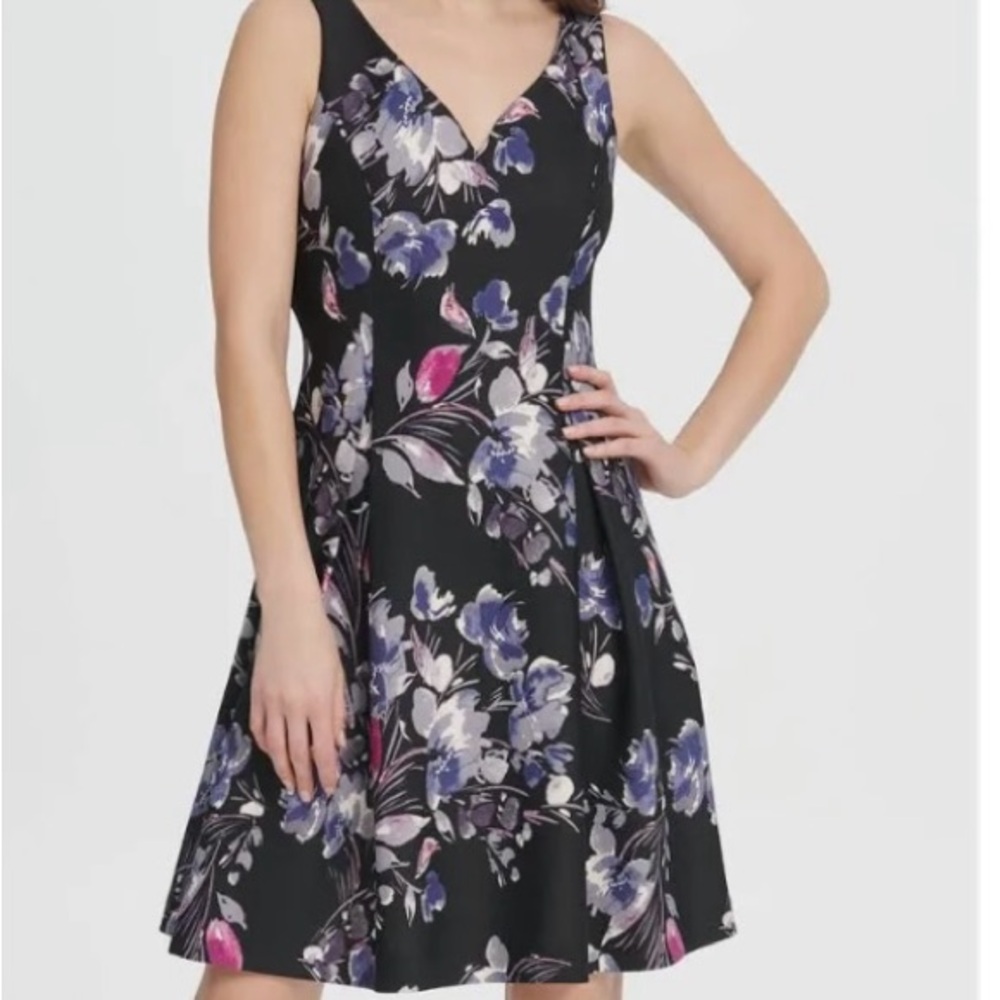 DKNY Dress Party Black Pink Grey Floral S/L VNeck NWT Sz 2
